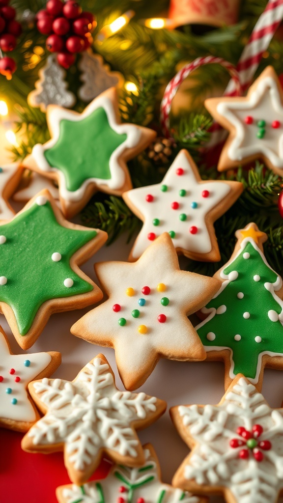 Decorated Christmas sugar cookies in festive shapes with icing and sprinkles on a holiday-themed table.